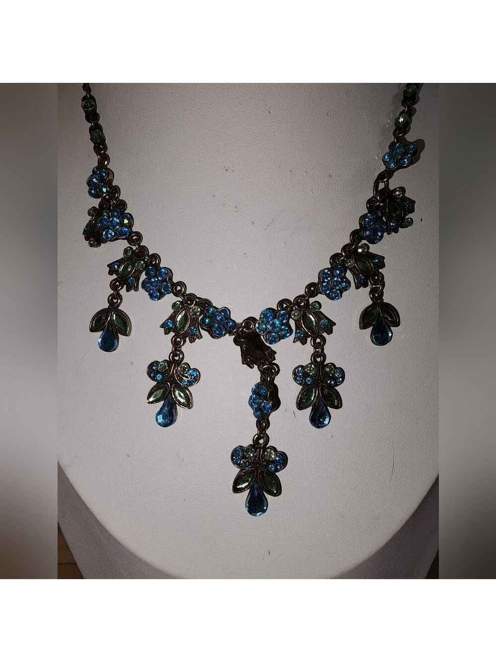 Laila Rowe Bohemian Brass Tone Green Blue Floral Tiered Necklace